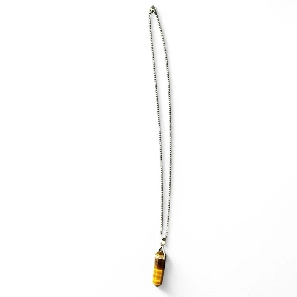 925 Sterling Silver Tiger’s Eye Hexagonal Crystal Point Pendant Necklace